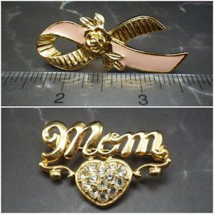 Set of 2 Avon Breast Cancer Pink Ribbon Pin & Gold MOM Brooch Mother's Day Gift